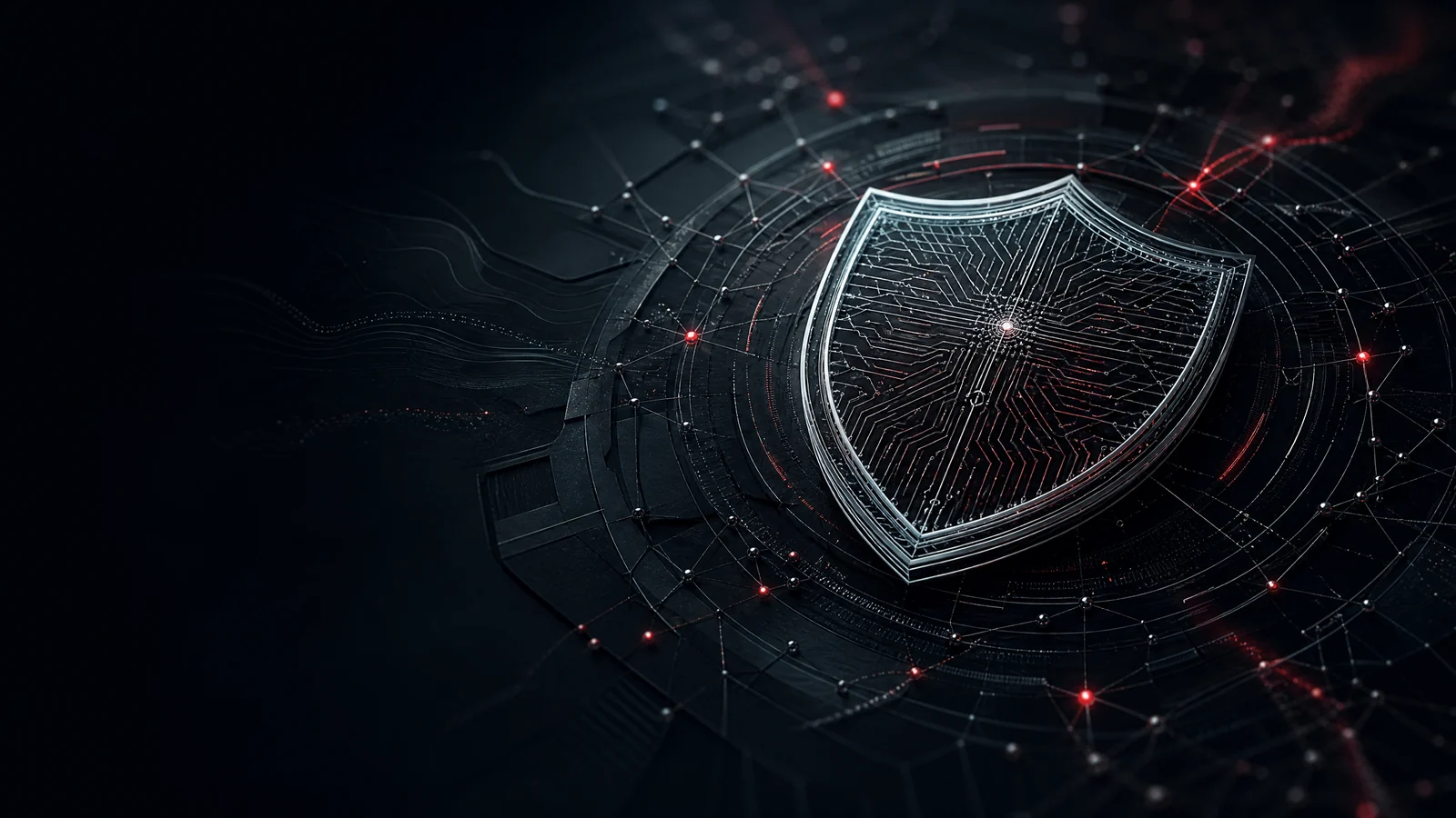 Abstract cybersecurity network surrounding a shield